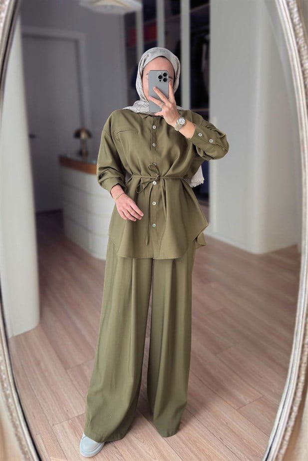 Bağcıklı Bluz Pantolon Takım - Haki