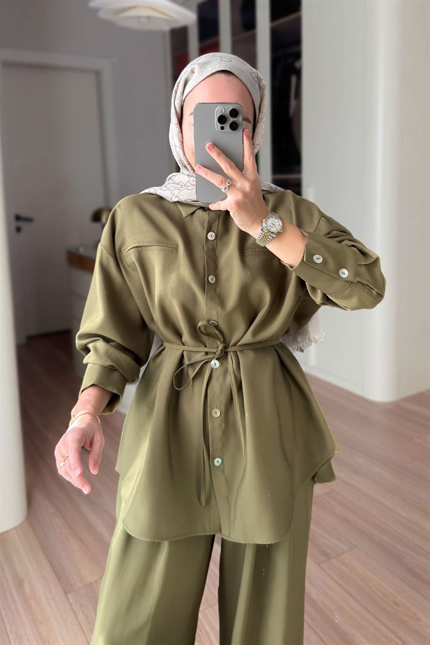 Bağcıklı Bluz Pantolon Takım - Haki