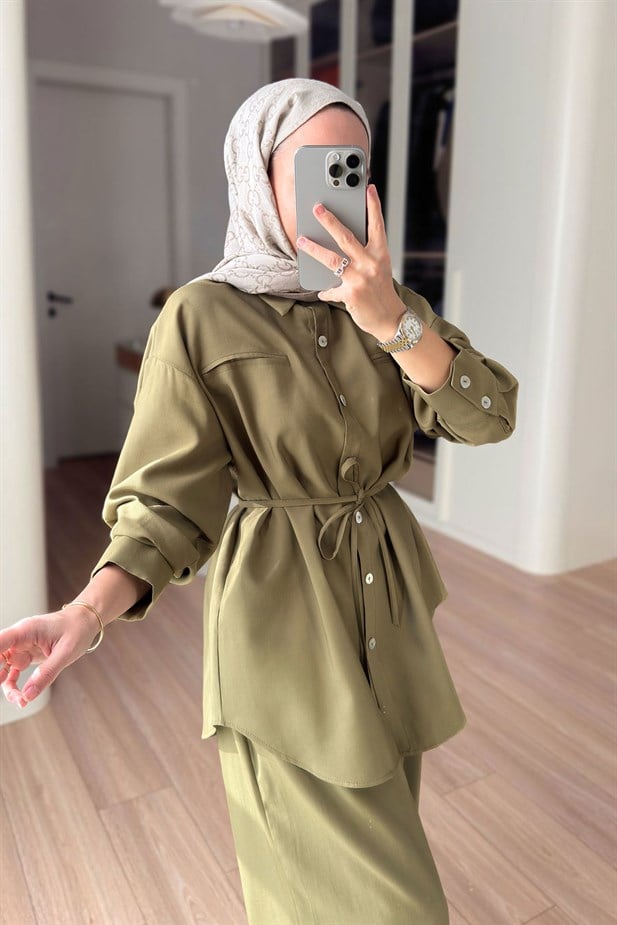 Bağcıklı Bluz Pantolon Takım - Haki