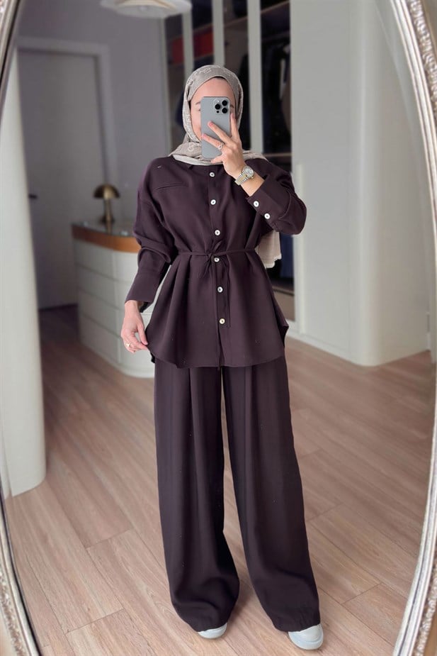 Bağcıklı Bluz Pantolon Takım - Kahverengi