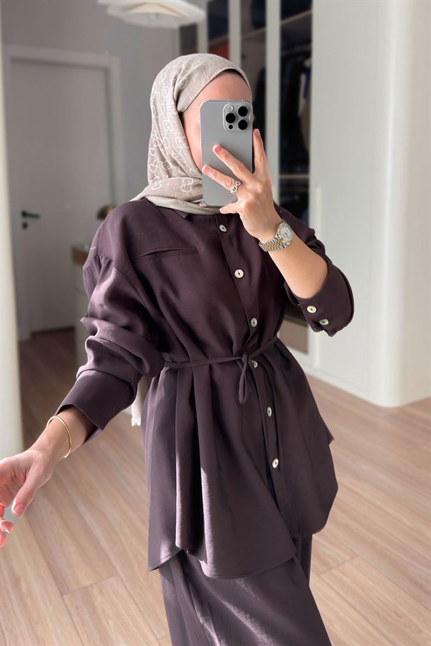 Bağcıklı Bluz Pantolon Takım - Kahverengi