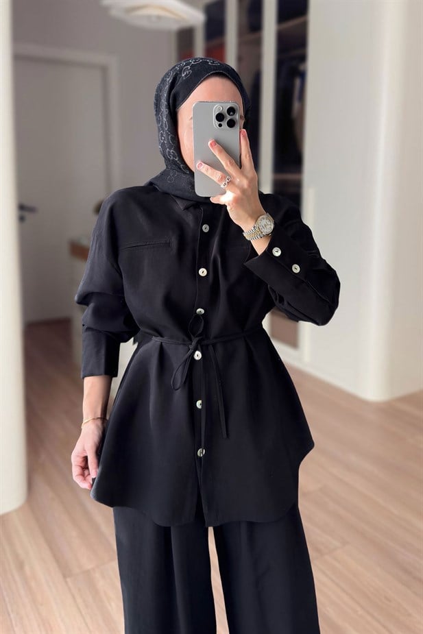 Bağcıklı Bluz Pantolon Takım - Siyah