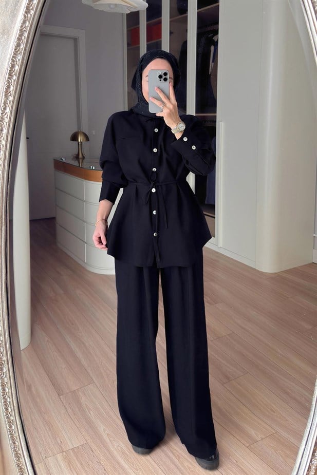 Bağcıklı Bluz Pantolon Takım - Siyah