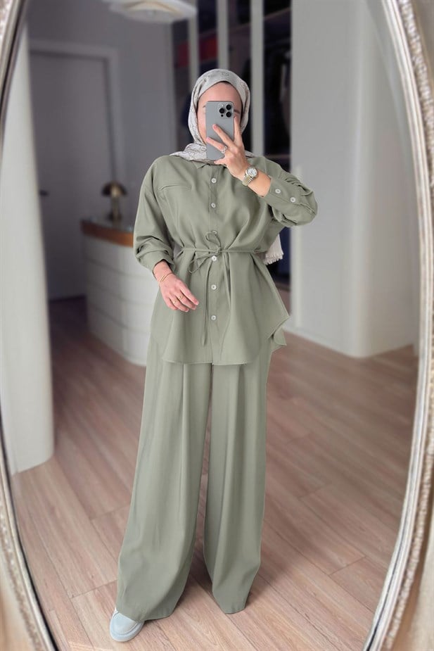 Bağcıklı Bluz Pantolon Takım - Yeşil