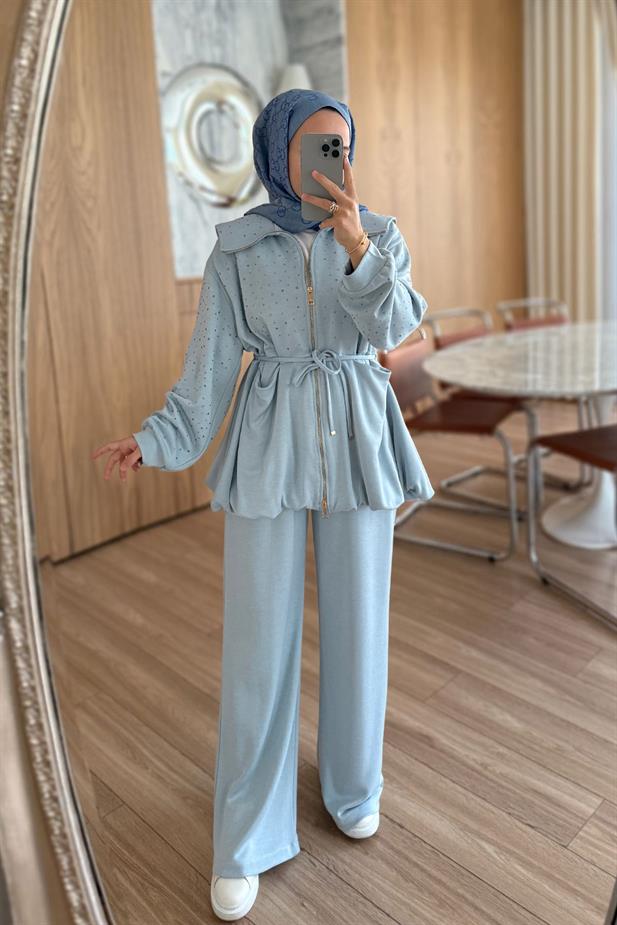 Balon Form Taşlı Modal Takım - Bebe Mavi