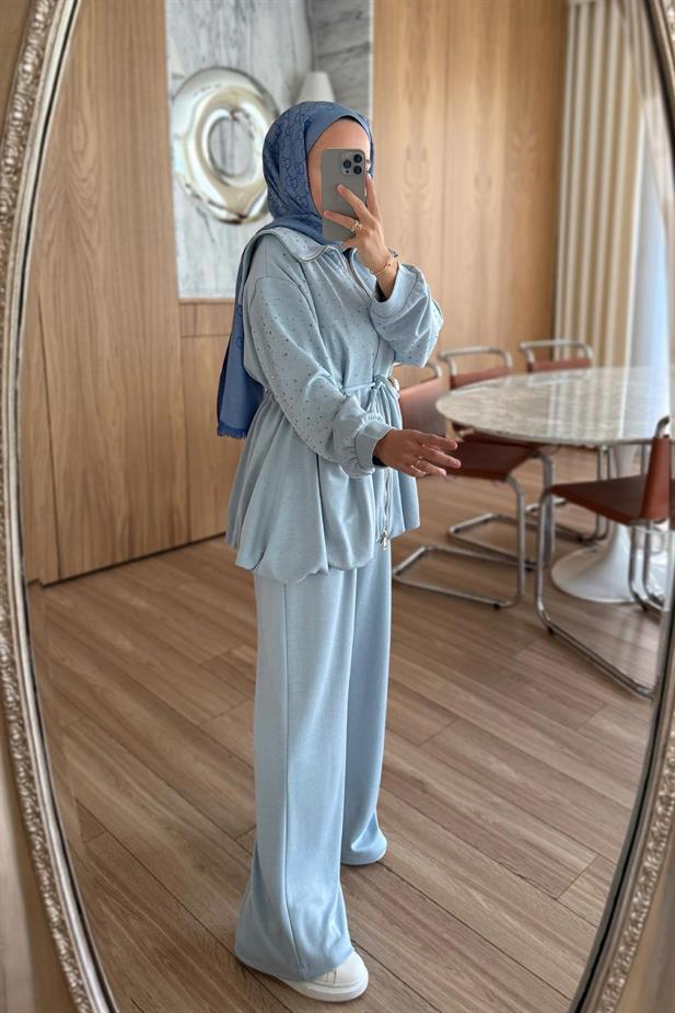 Balon Form Taşlı Modal Takım - Bebe Mavi
