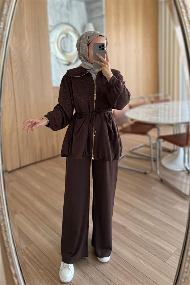 Balon Form Taşlı Modal Takım - Kahverengi