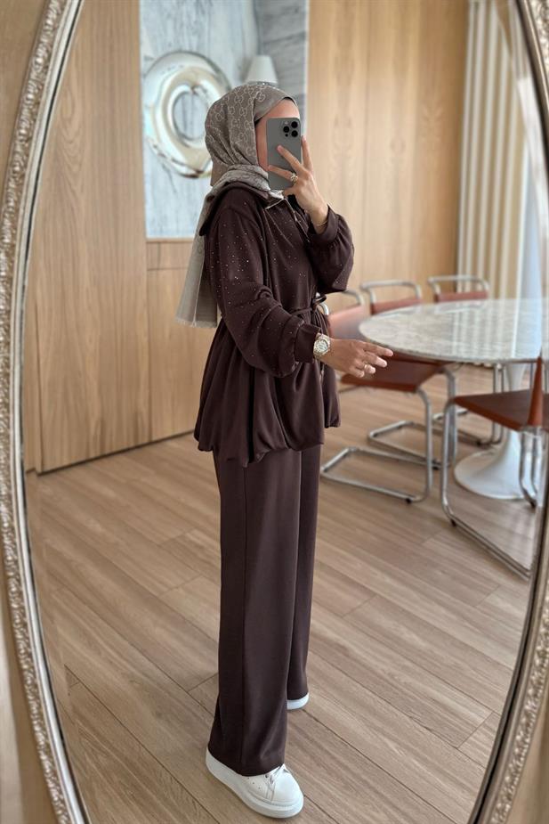 Balon Form Taşlı Modal Takım - Kahverengi