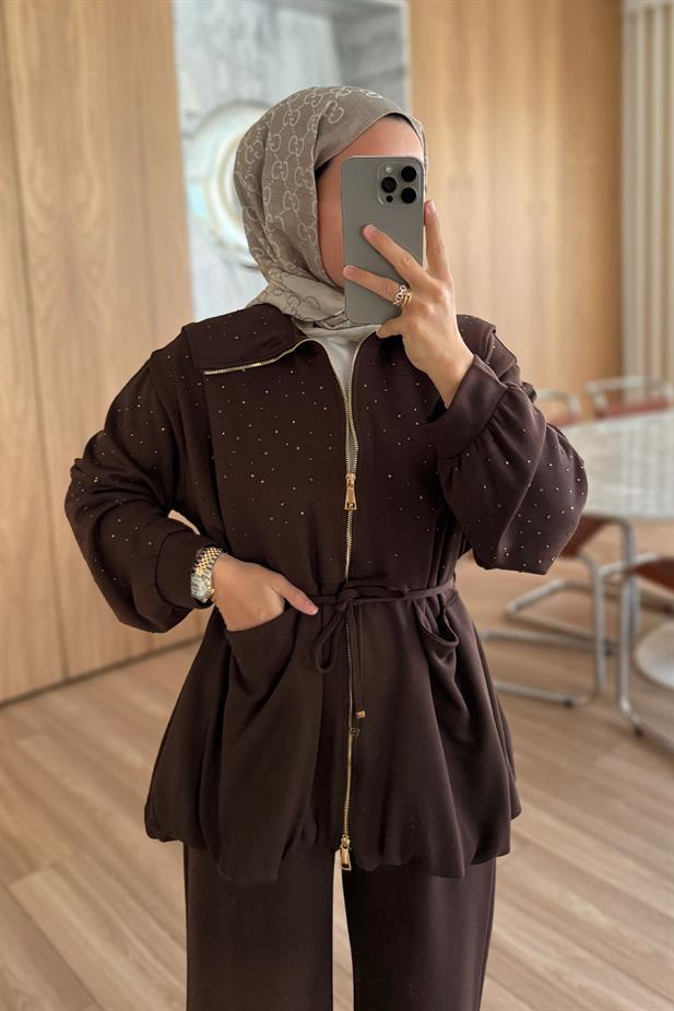 Balon Form Taşlı Modal Takım - Kahverengi