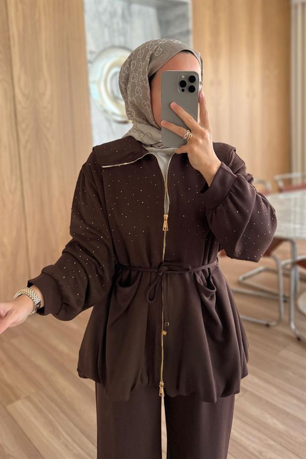 Balon Form Taşlı Modal Takım - Kahverengi