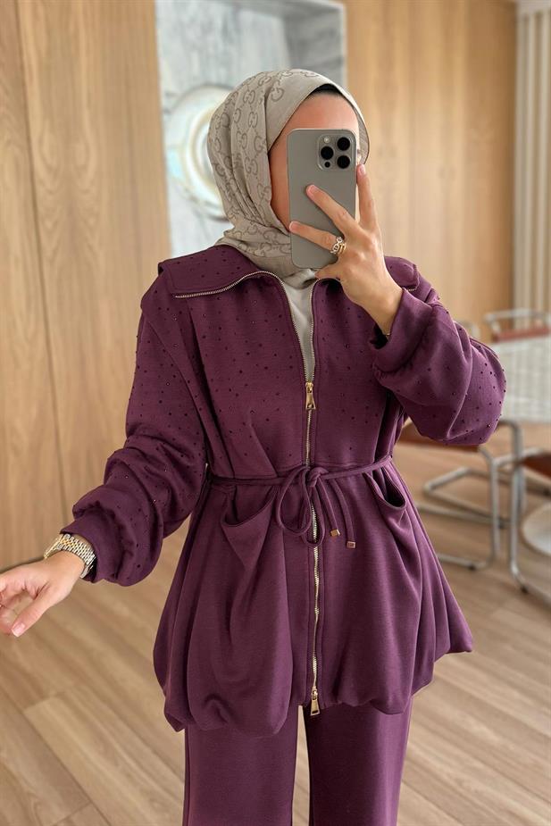 Balon Form Taşlı Modal Takım - Mürdüm