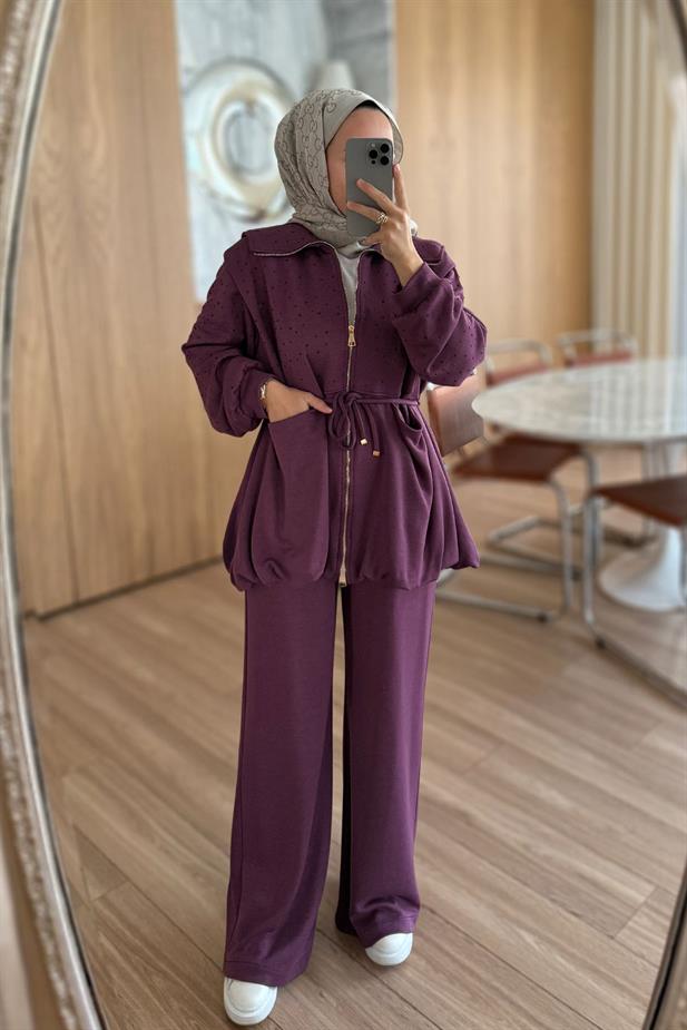 Balon Form Taşlı Modal Takım - Mürdüm