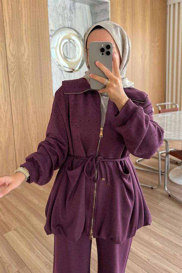 Balon Form Taşlı Modal Takım - Mürdüm