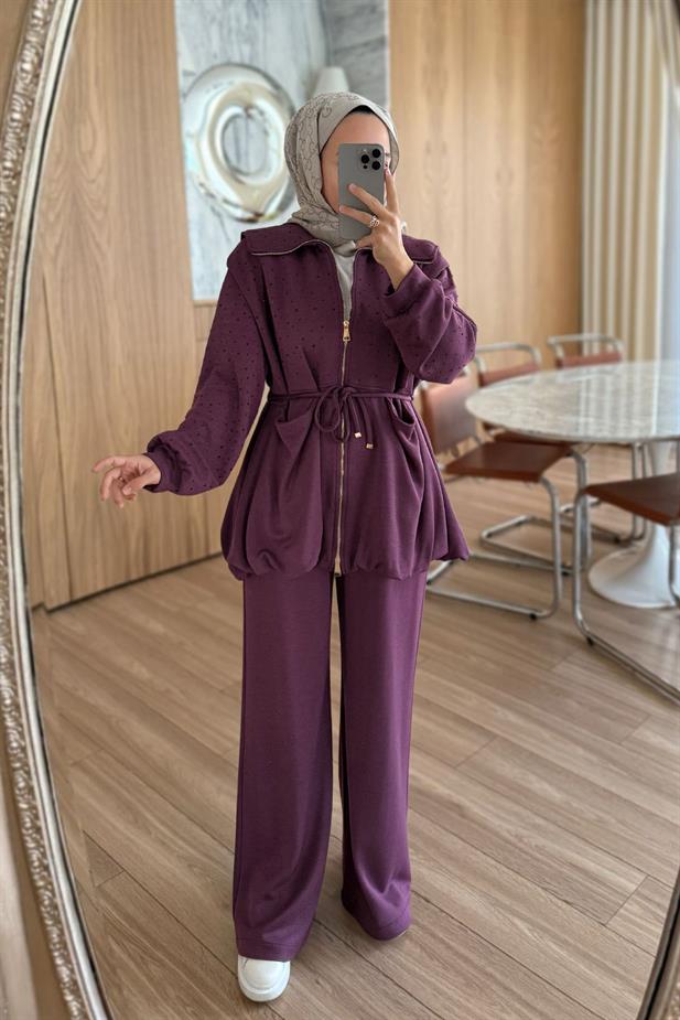 Balon Form Taşlı Modal Takım - Mürdüm