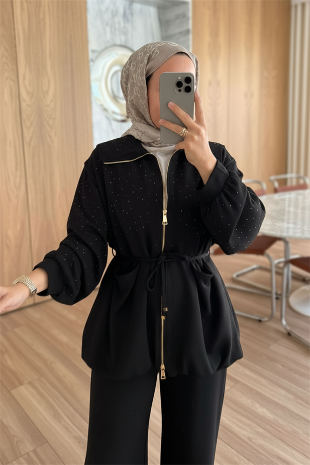 Balon Form Taşlı Modal Takım - Siyah