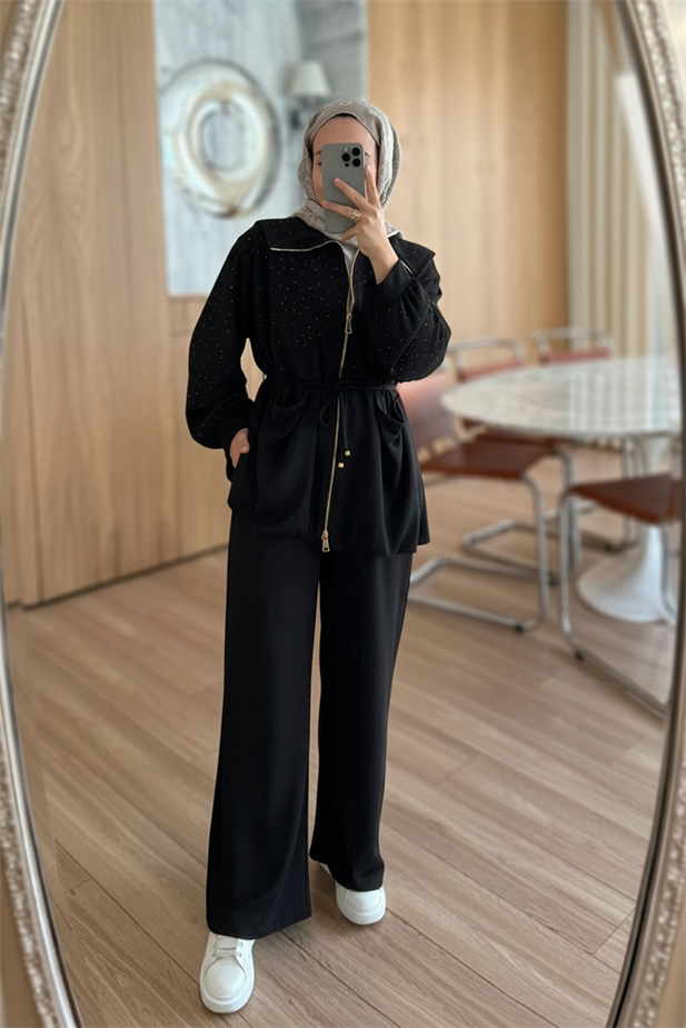 Balon Form Taşlı Modal Takım - Siyah