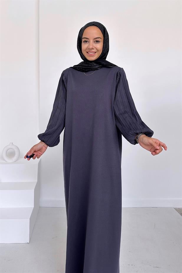 Balon Kol Merserize Elbise - Füme