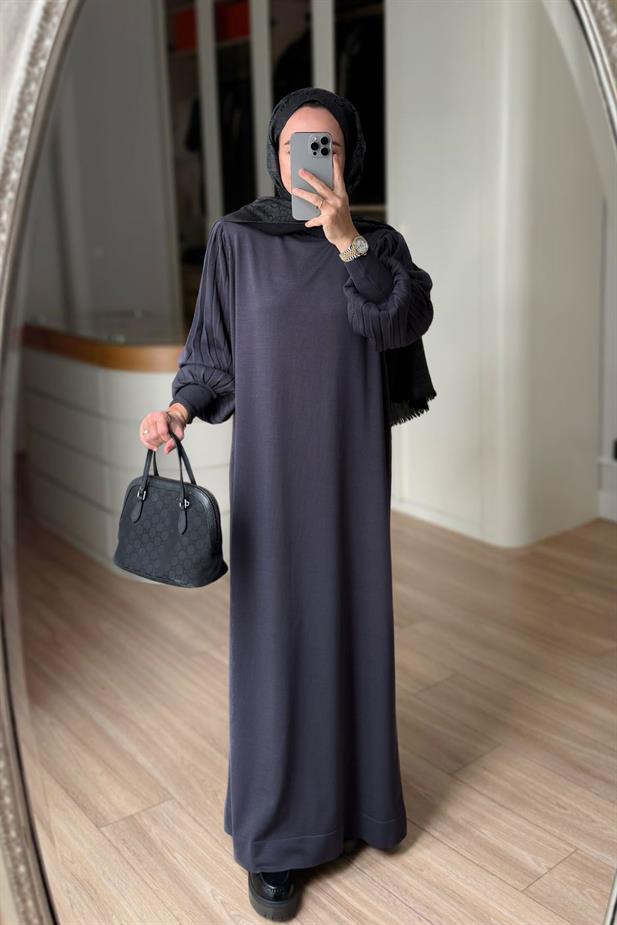 Balon Kol Merserize Elbise - Füme