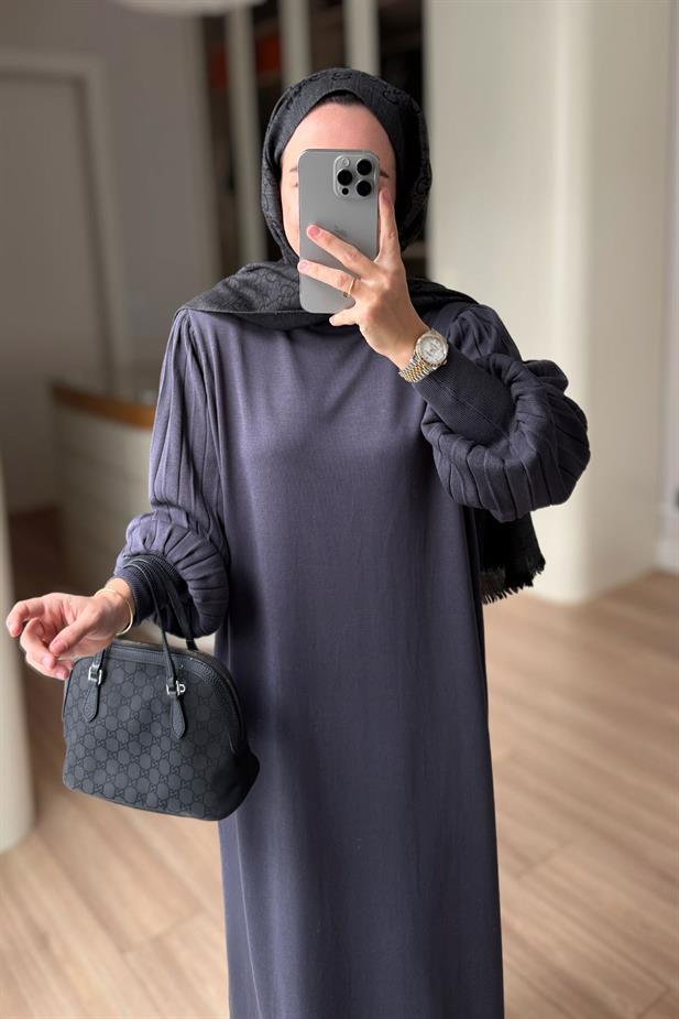 Balon Kol Merserize Elbise - Füme