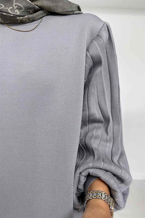 Balon Kol Merserize Elbise - Gri