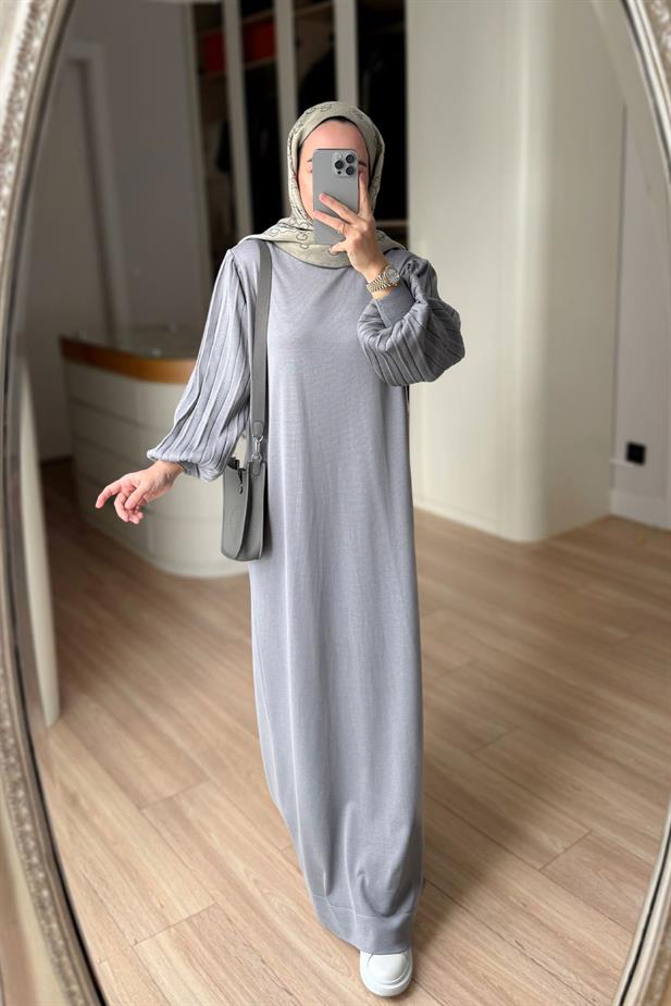 Balon Kol Merserize Elbise - Gri