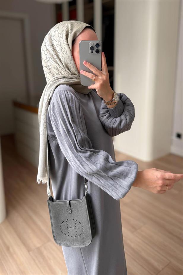 Balon Kol Merserize Elbise - Gri