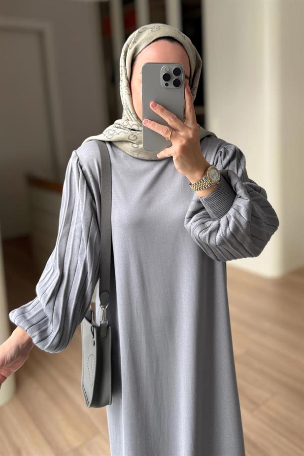 Balon Kol Merserize Elbise - Gri