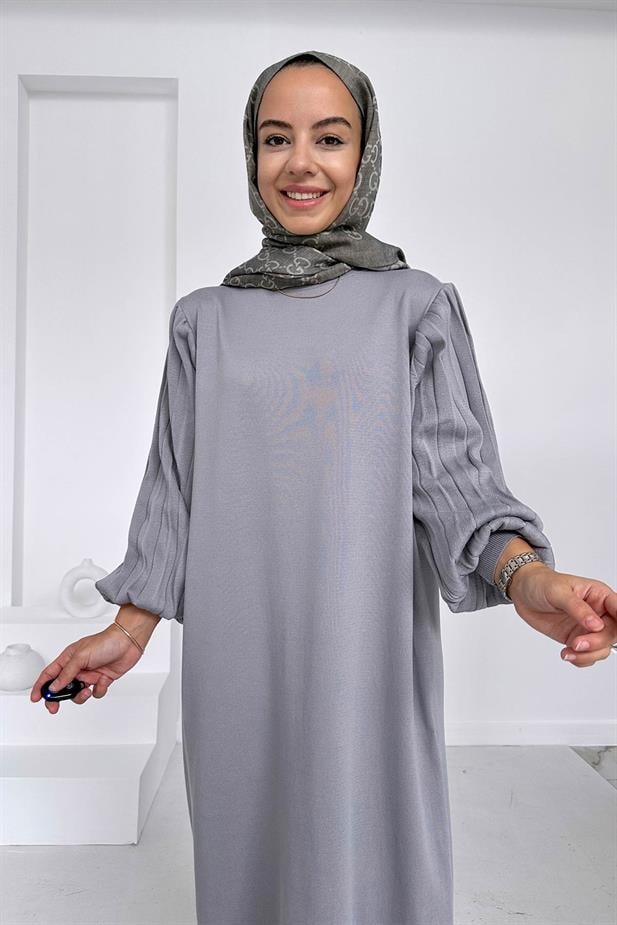 Balon Kol Merserize Elbise - Gri