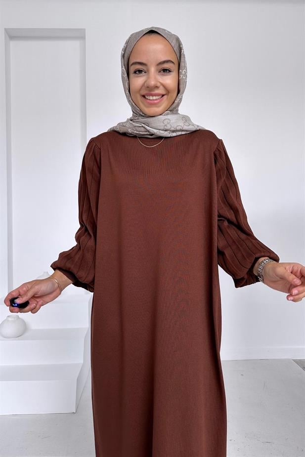 Balon Kol Merserize Elbise - Kahverengi