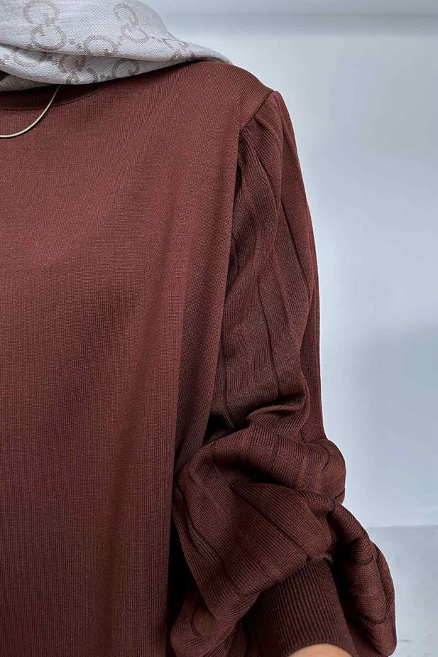 Balon Kol Merserize Elbise - Kahverengi