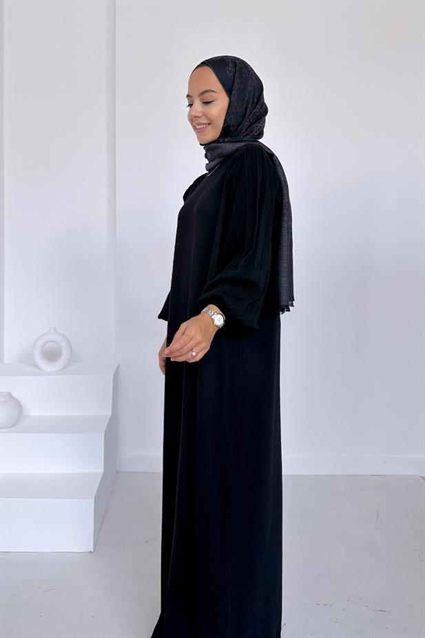 Balon Kol Merserize Elbise - Siyah