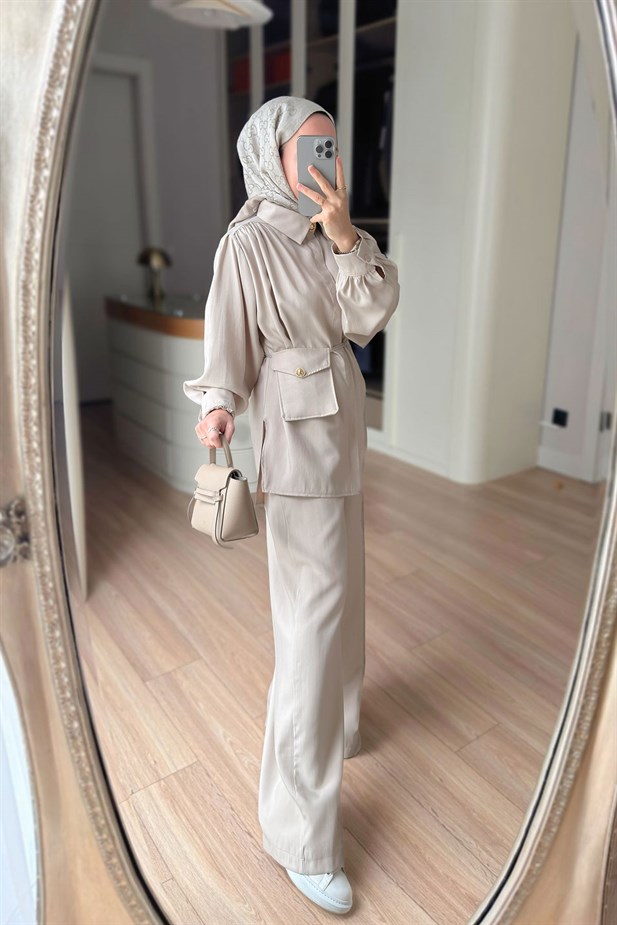 Balon Kol Mini Çantalı Takım - Bej