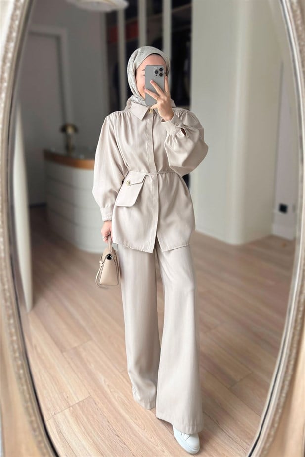 Balon Kol Mini Çantalı Takım - Bej