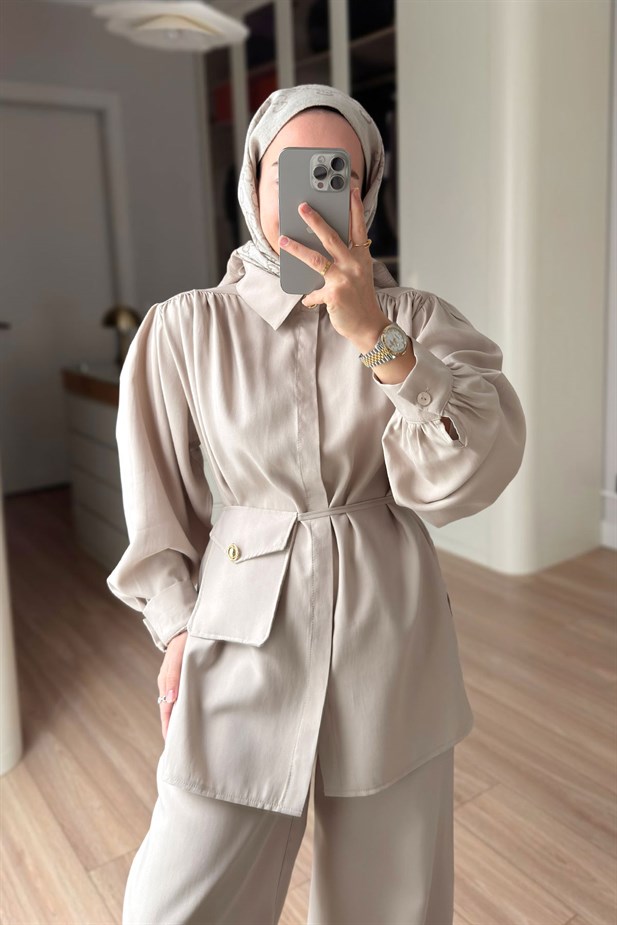 Balon Kol Mini Çantalı Takım - Bej