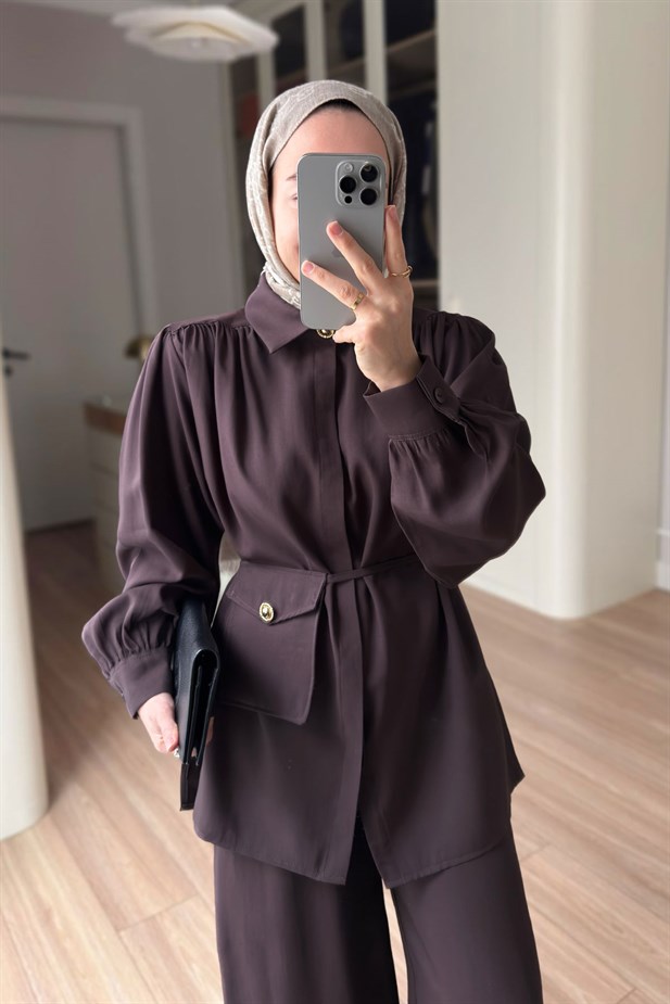 Balon Kol Mini Çantalı Takım - Kahverengi