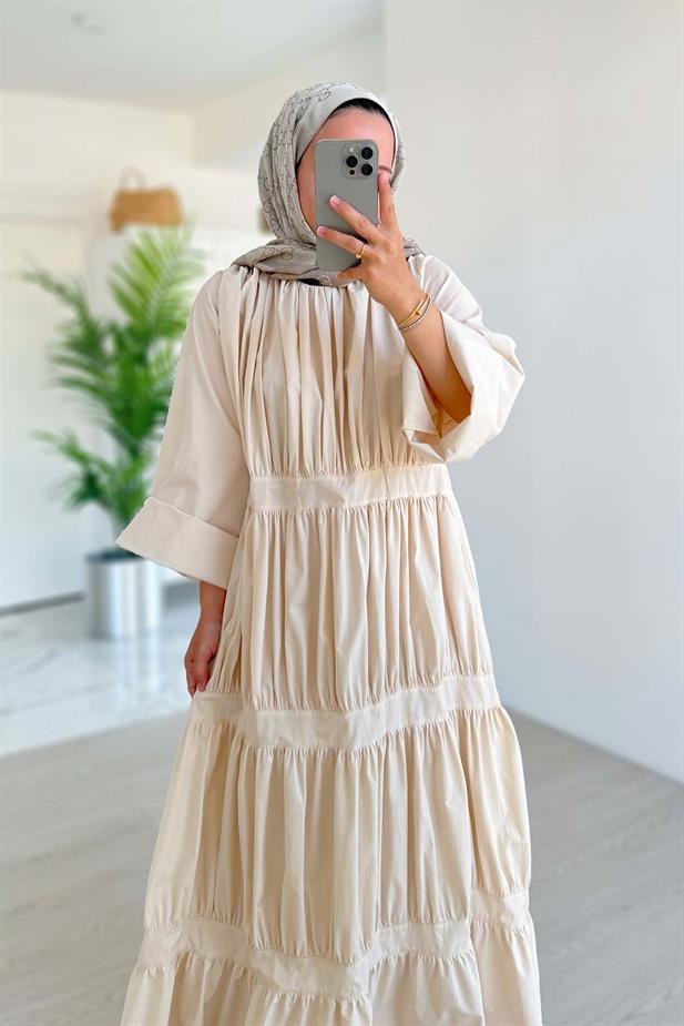 Bel Bağcıklı Kat Kat Elbise - Bej