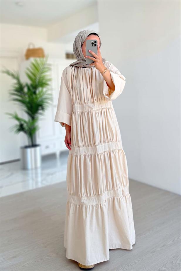 Bel Bağcıklı Kat Kat Elbise - Bej