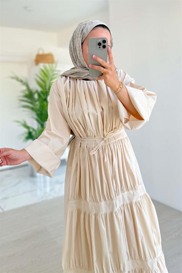 Bel Bağcıklı Kat Kat Elbise - Bej