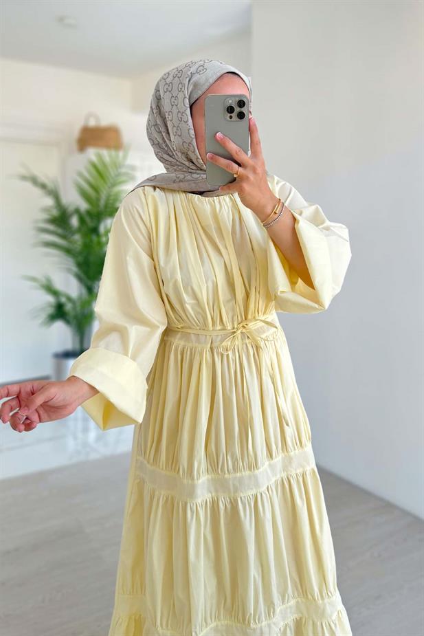 Bel Bağcıklı Kat Kat Elbise - Sarı