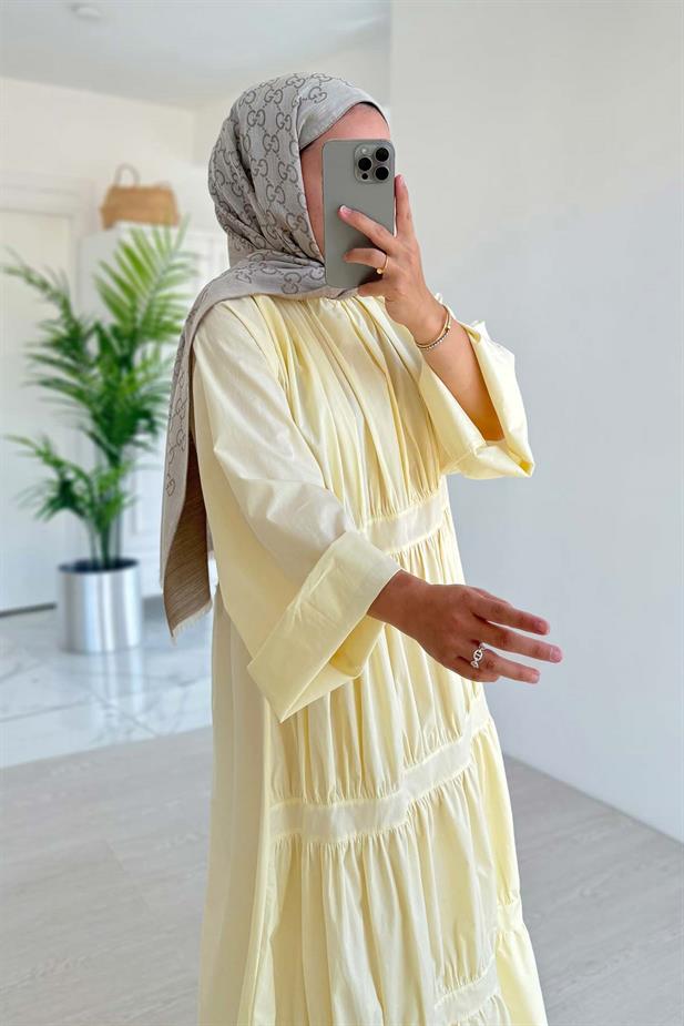 Bel Bağcıklı Kat Kat Elbise - Sarı