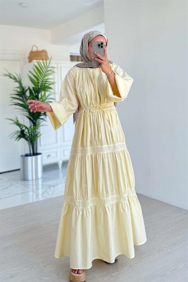Bel Bağcıklı Kat Kat Elbise - Sarı
