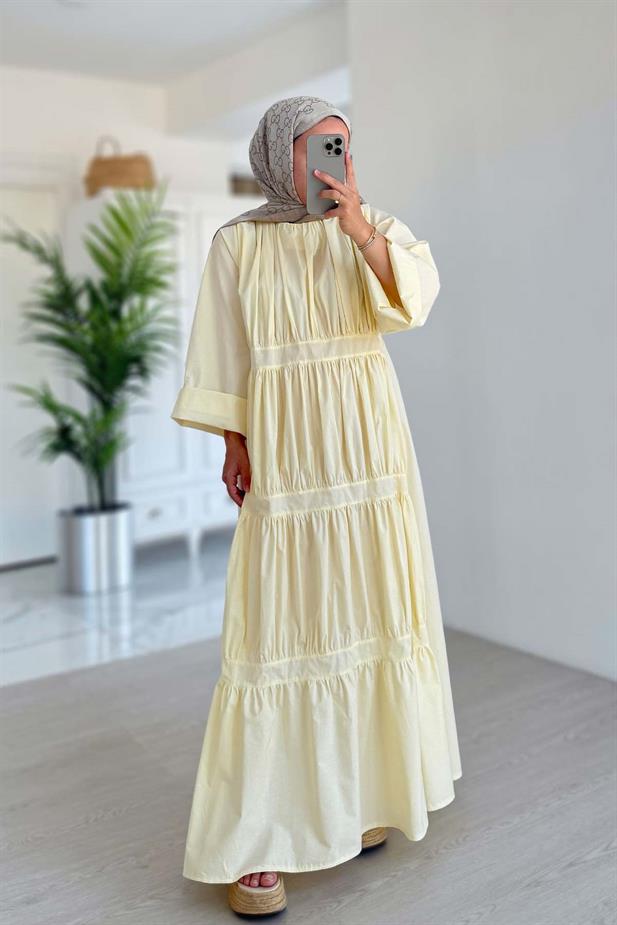 Bel Bağcıklı Kat Kat Elbise - Sarı