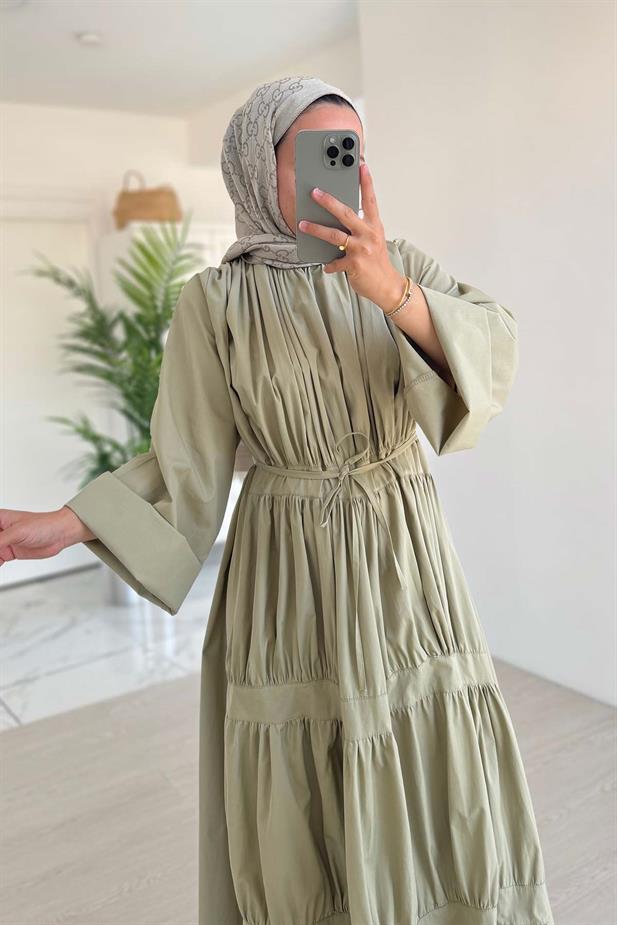 Bel Bağcıklı Kat Kat Elbise - Yeşil