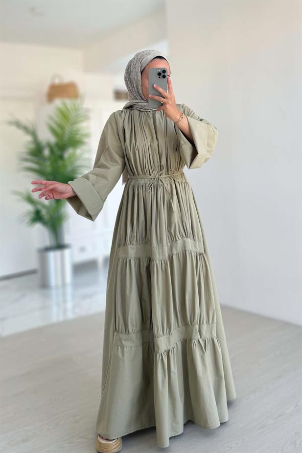 Bel Bağcıklı Kat Kat Elbise - Yeşil