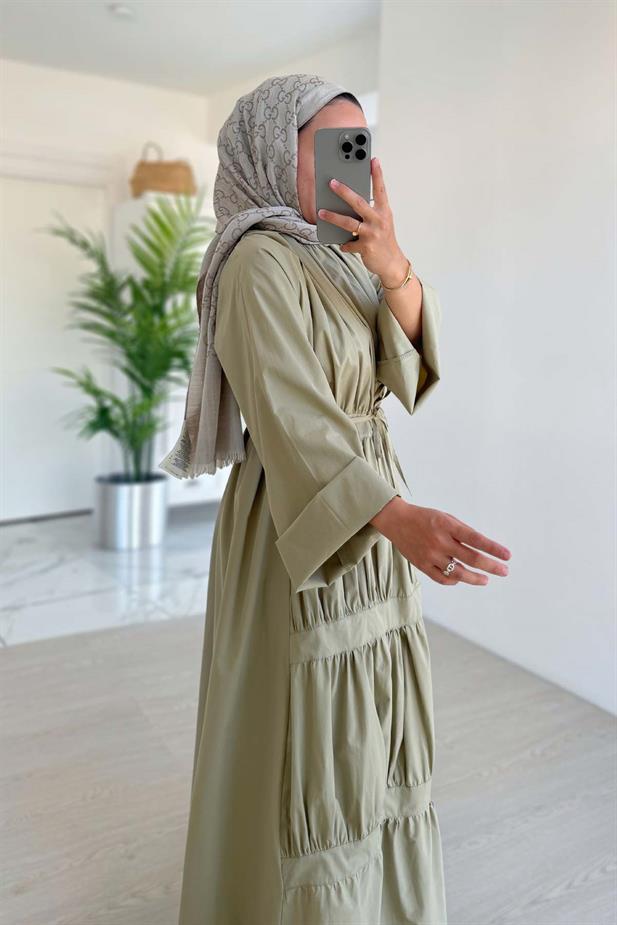 Bel Bağcıklı Kat Kat Elbise - Yeşil