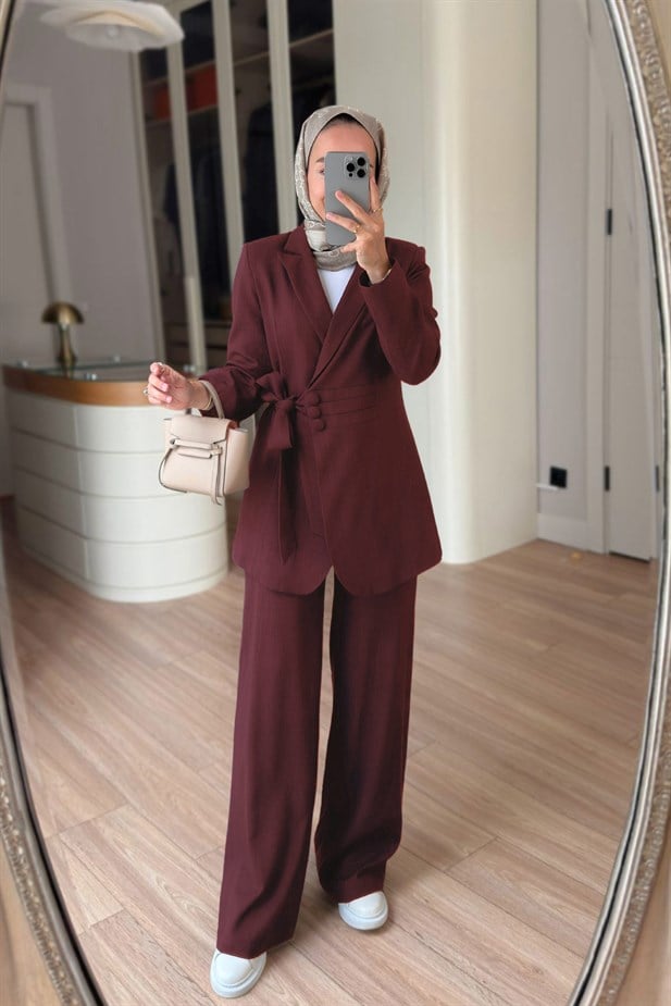 Bel Detaylı Vatkalı Ceketli Takım - Bordo