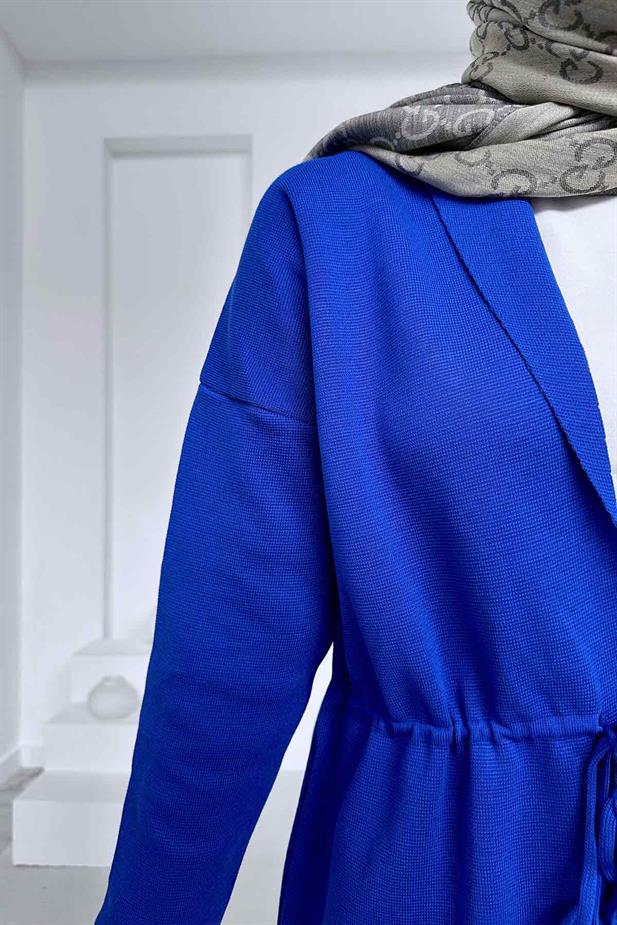 Belden Bağlamalı Çift Cep Merserize Hırka - Saks Mavi