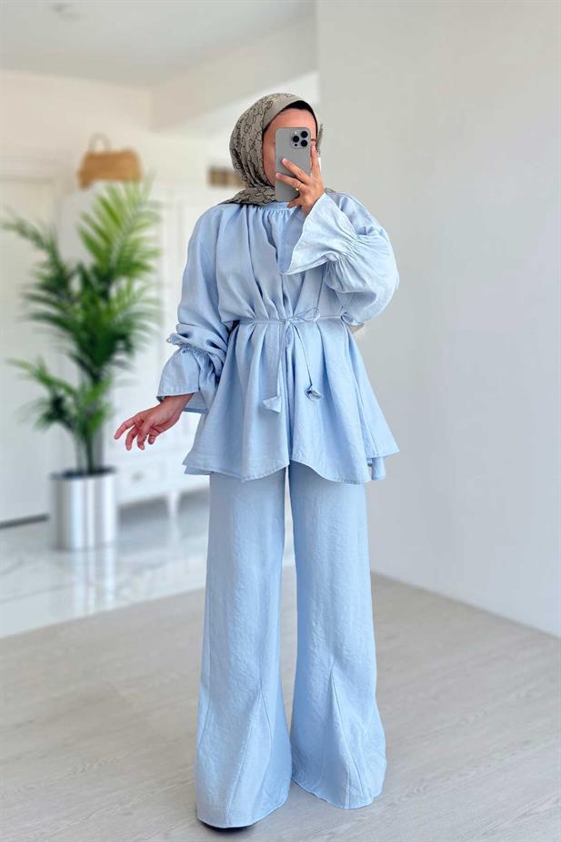 Belden Bağlamalı Rahat Kesim Takım - Mavi