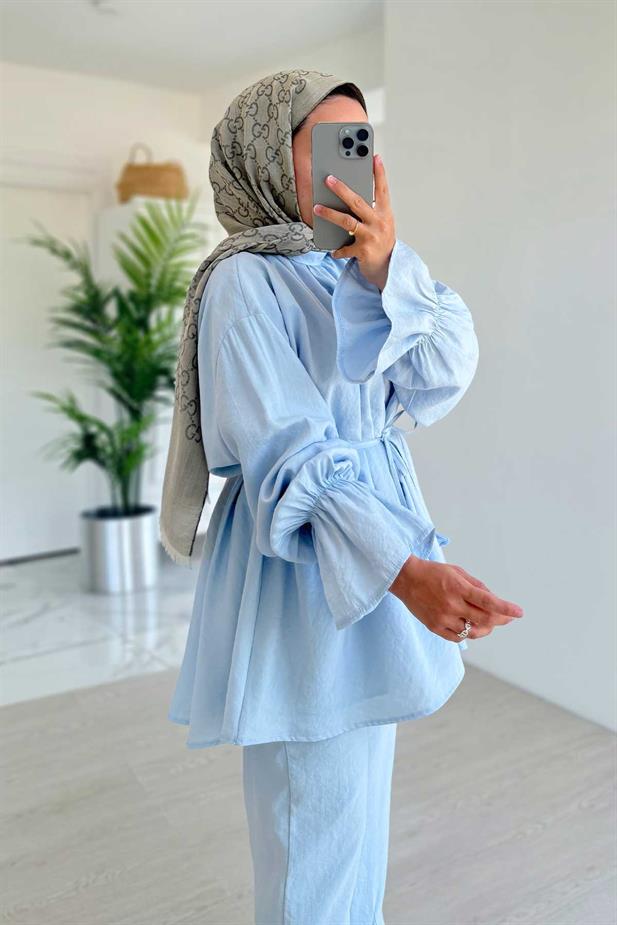 Belden Bağlamalı Rahat Kesim Takım - Mavi