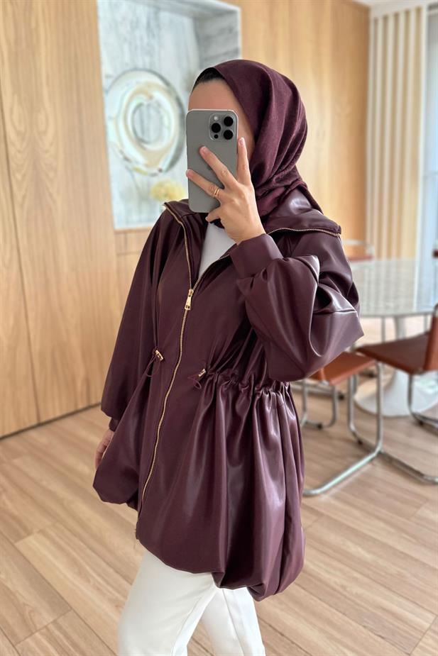 Beli Büzgülü Deri Ceket - Bordo